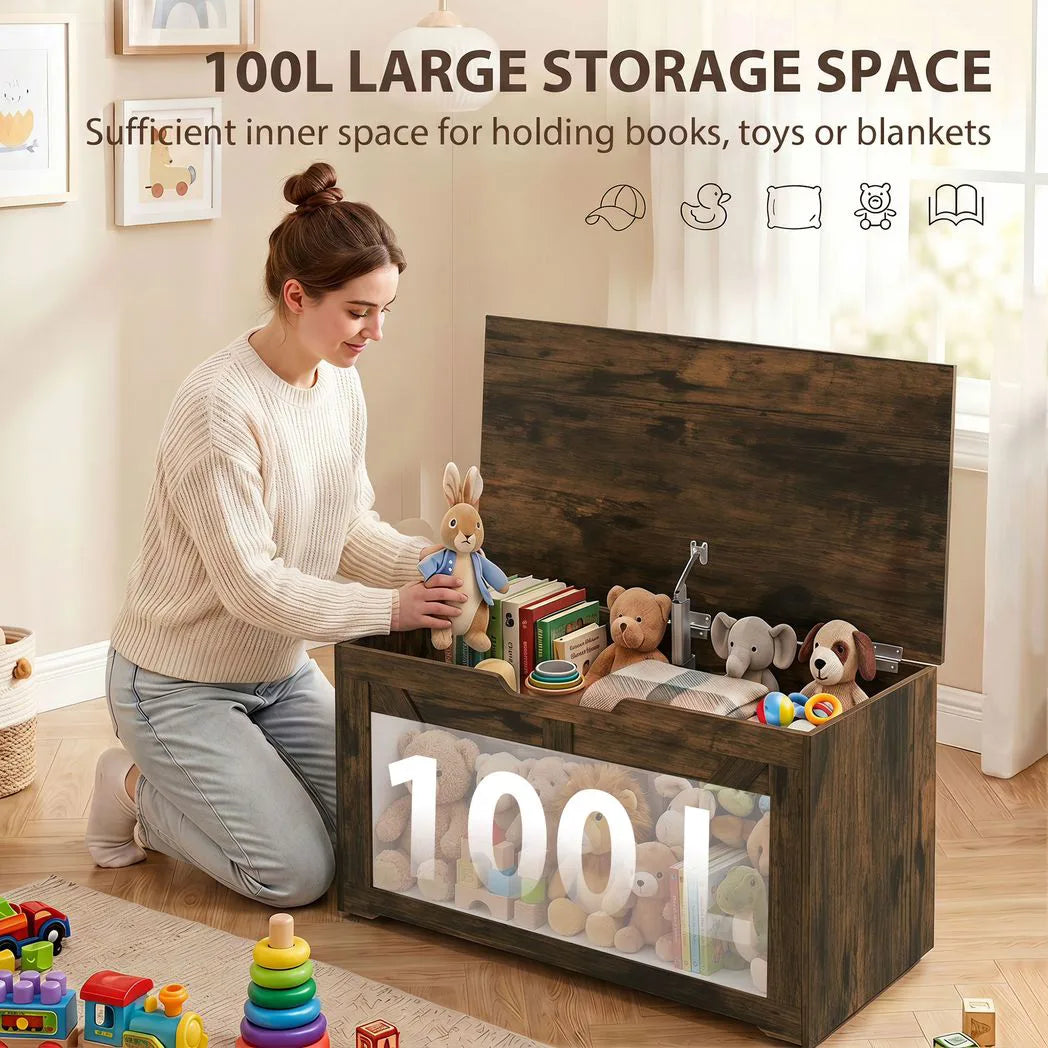 HOMCOM 100L Storage Box with Safety Hinge & Seat Top – Storage Trunk Bench, Rustic Brown Wood-Effect
