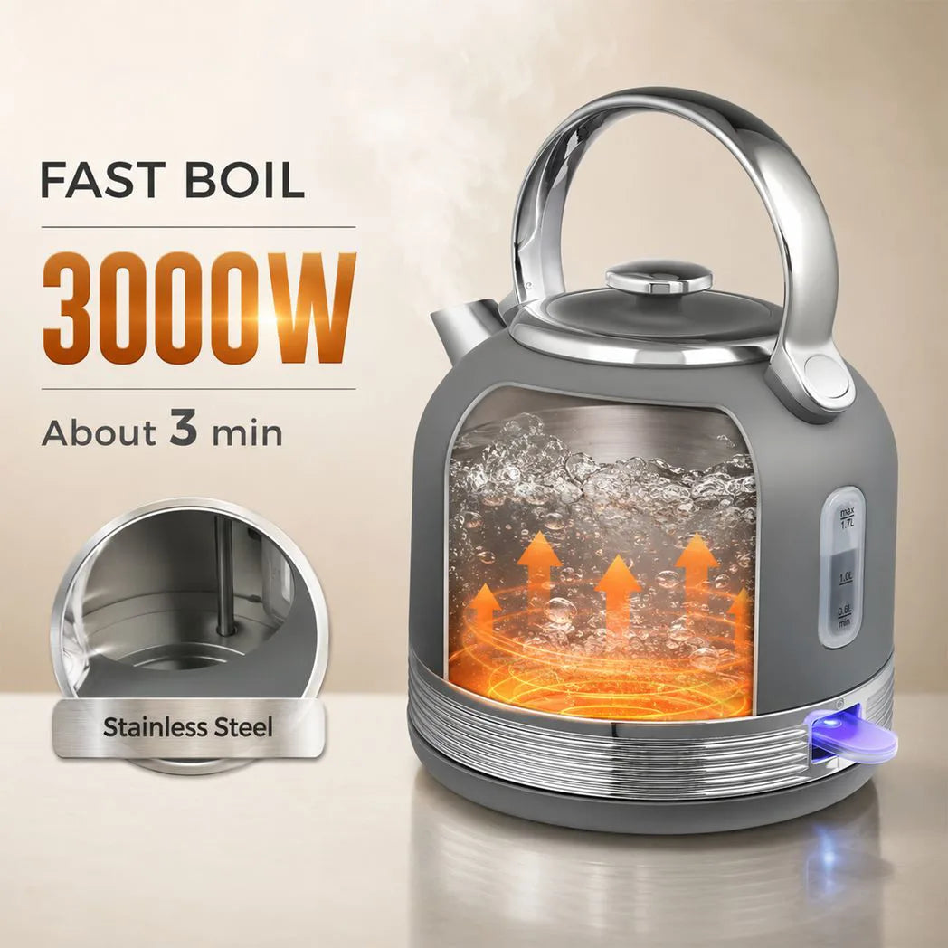 HOMCOM 1.7L 3000W Stainless Steel Kettle and 4-Slice Toaster Set with 7 Browning Levels – Cordless Fast Boil, Grey