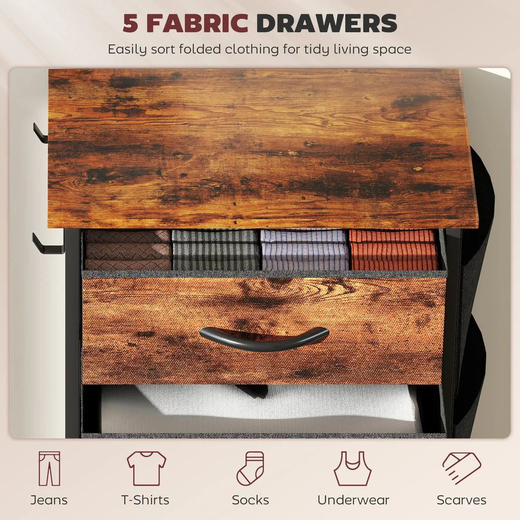 HOMCOM Chest of 5 Fabric Drawers with Steel Frame, Pockets & Hooks – Bedroom Storage, Rustic Brown