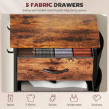 HOMCOM Chest of 5 Fabric Drawers with Steel Frame, Pockets & Hooks – Bedroom Storage, Rustic Brown