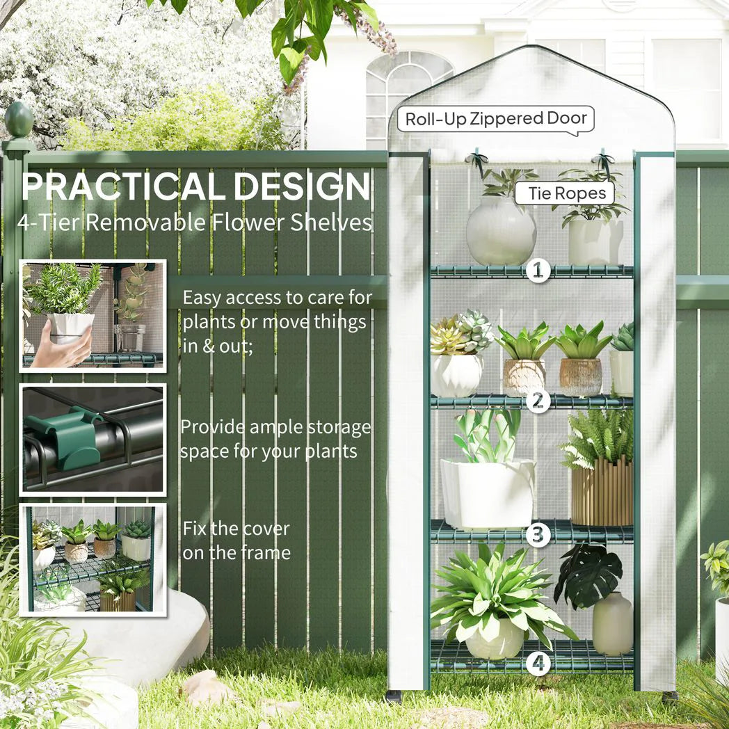 Outsunny 4 Tier Mini Portable Greenhouse with PE Cover & Lockable Wheels – Compact Plant Grow Shed, White