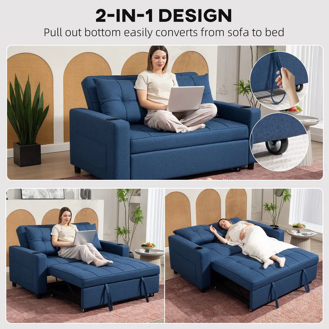 HOMCOM Two-Seater Pull-Out Sofa Bed with 3-Level Backrest and Cup Holders – 3-in-1 Loveseat, Dark Blue