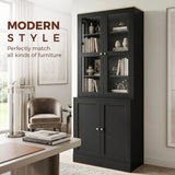 HOMCOM Modern Bookcase Display Cabinet with Glass Doors & Adjustable Shelves – Storage Unit, Black