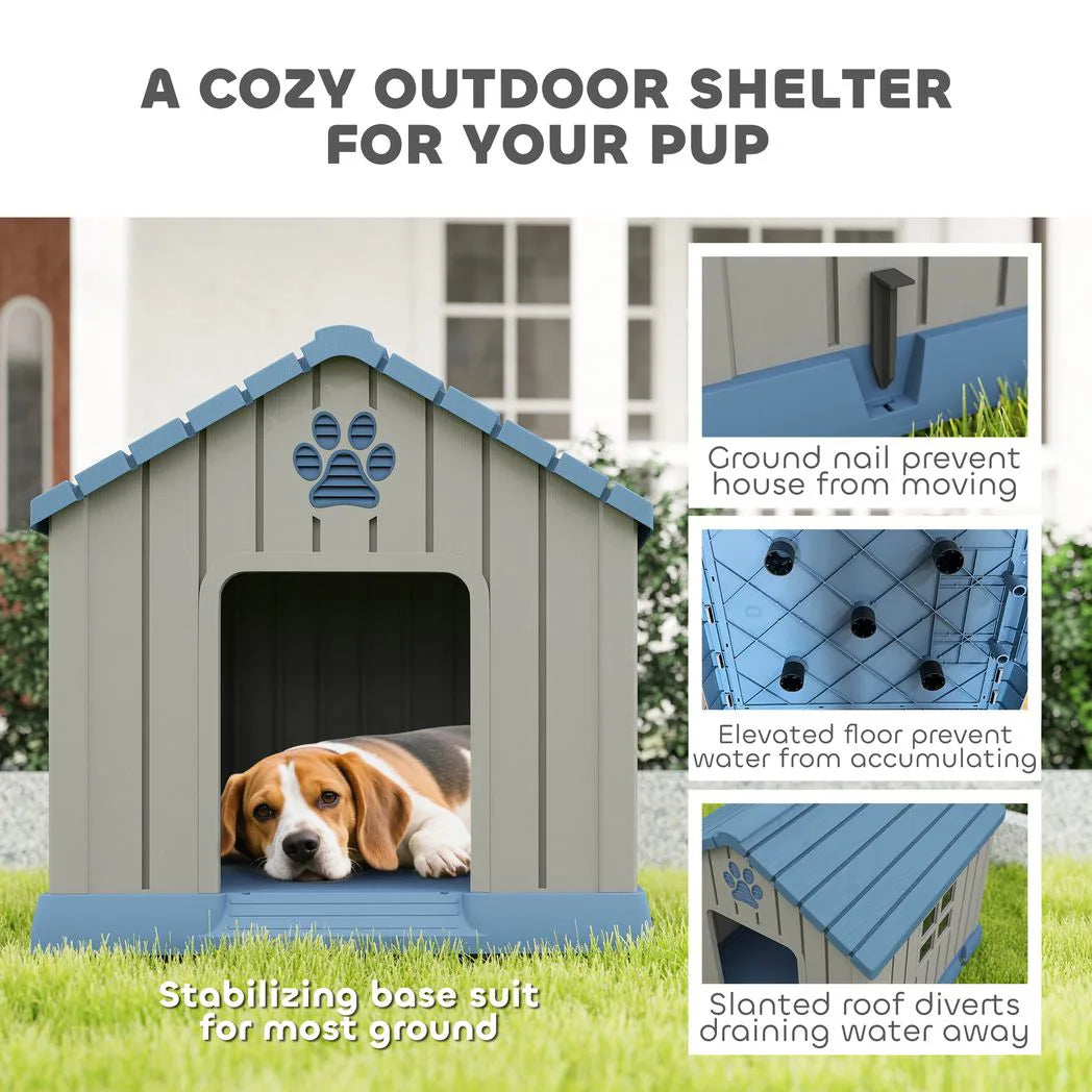 PawHut Waterproof Plastic Dog Kennel for Medium Dogs, Raised Base – Outdoor Garden House, 85 cm, Grey