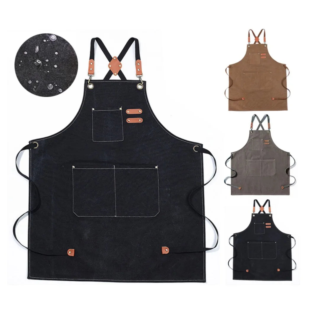 Canvas Apron with Pockets – Adjustable Cross-Back Strap, Kitchen, BBQ & Baking, Grey