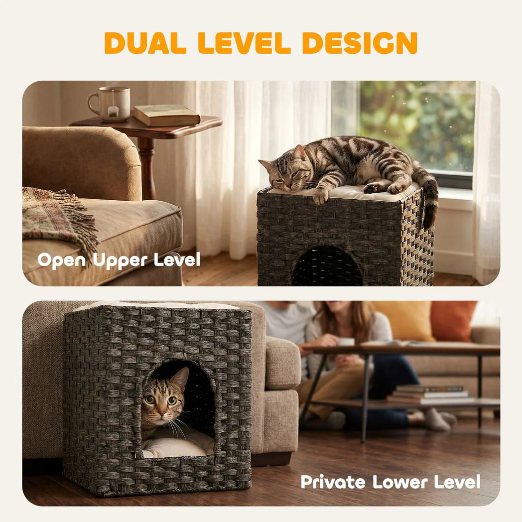 PawHut 2-Tier Wicker Cat House with Cushion – Handwoven Rattan Indoor Cat Bed, Grey