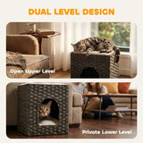 PawHut 2-Tier Wicker Cat House with Cushion – Handwoven Rattan Indoor Cat Bed, Grey