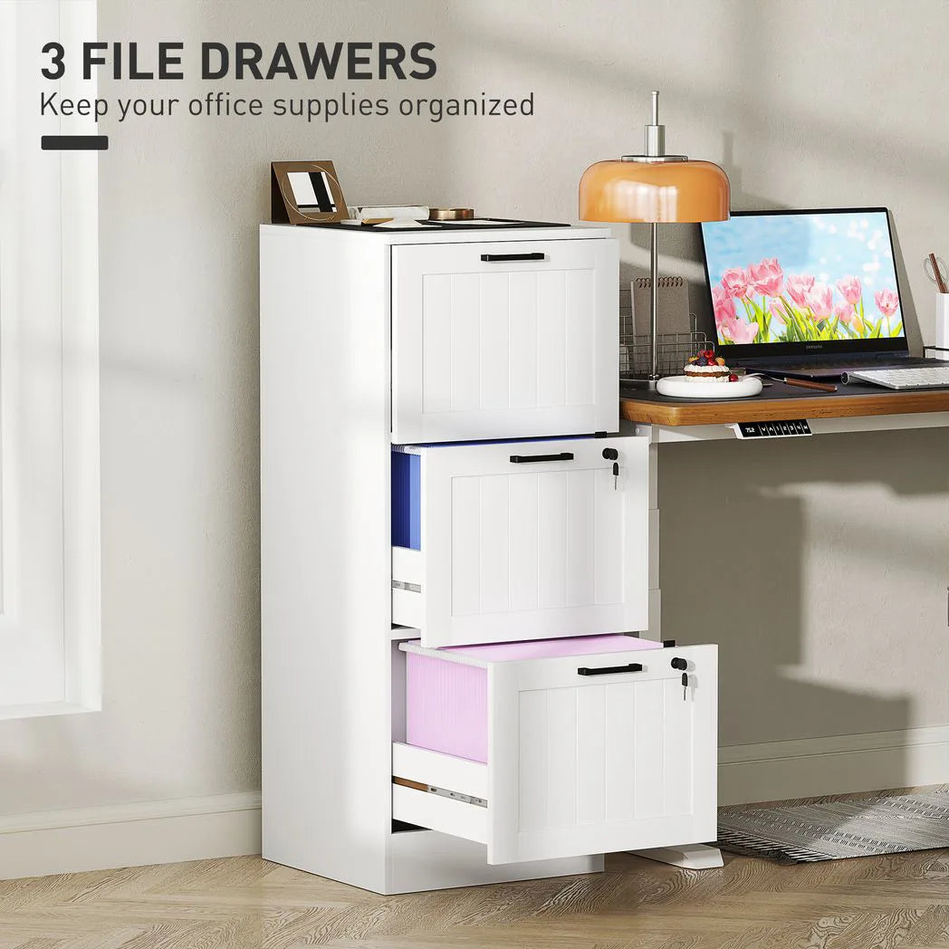 HOMCOM 3 Drawer Filing Cabinet with Lock – Office Storage with Adjustable Hanging Bars for A4 & Letter Files, White