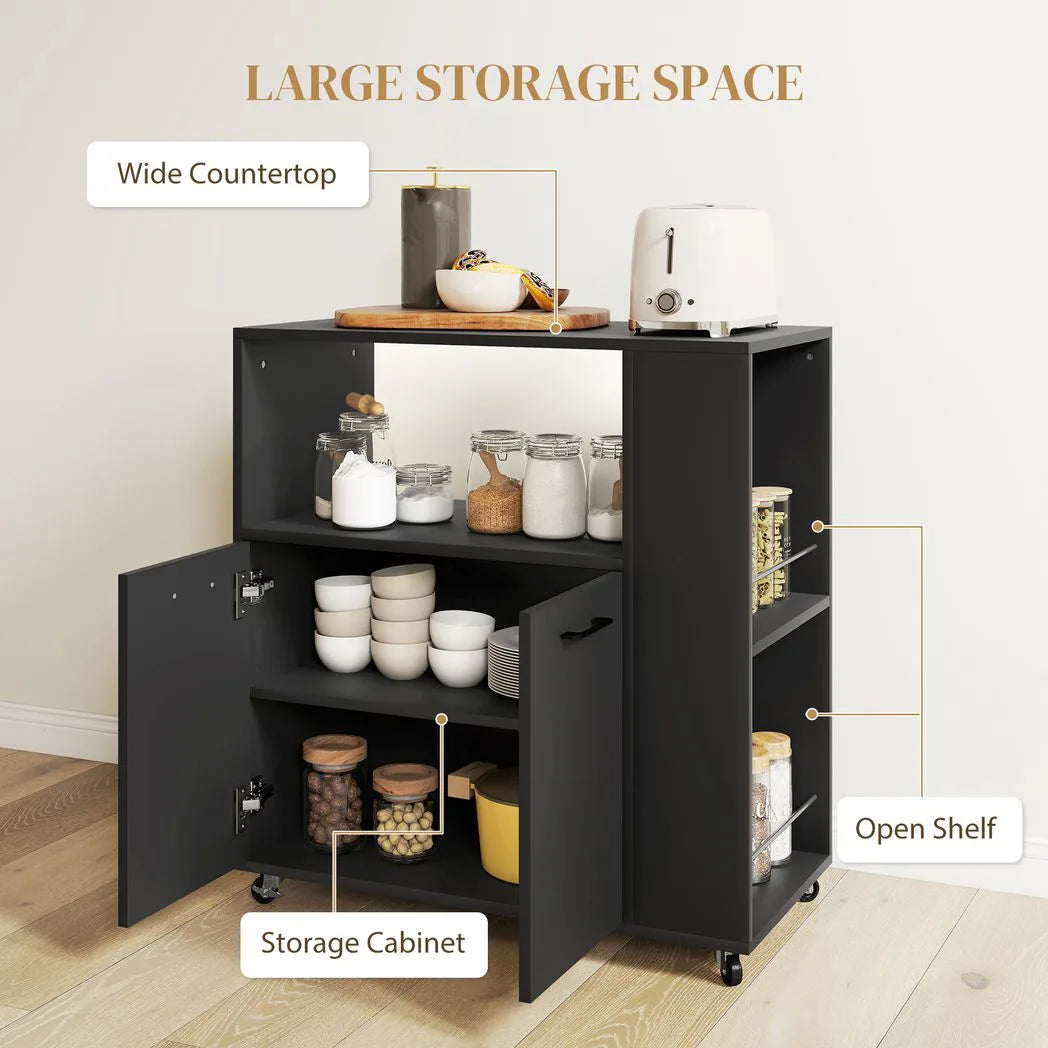 HOMCOM Kitchen Trolley with 2-Door Cabinet, Spice Racks and Adjustable Shelf – Rolling Island Cart, Black