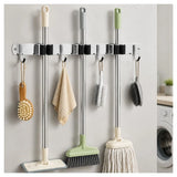 Wall-Mounted Broom & Mop Holder with 3 Slots and 4 Hooks – Stainless Steel Garage Tool Organiser, Silver