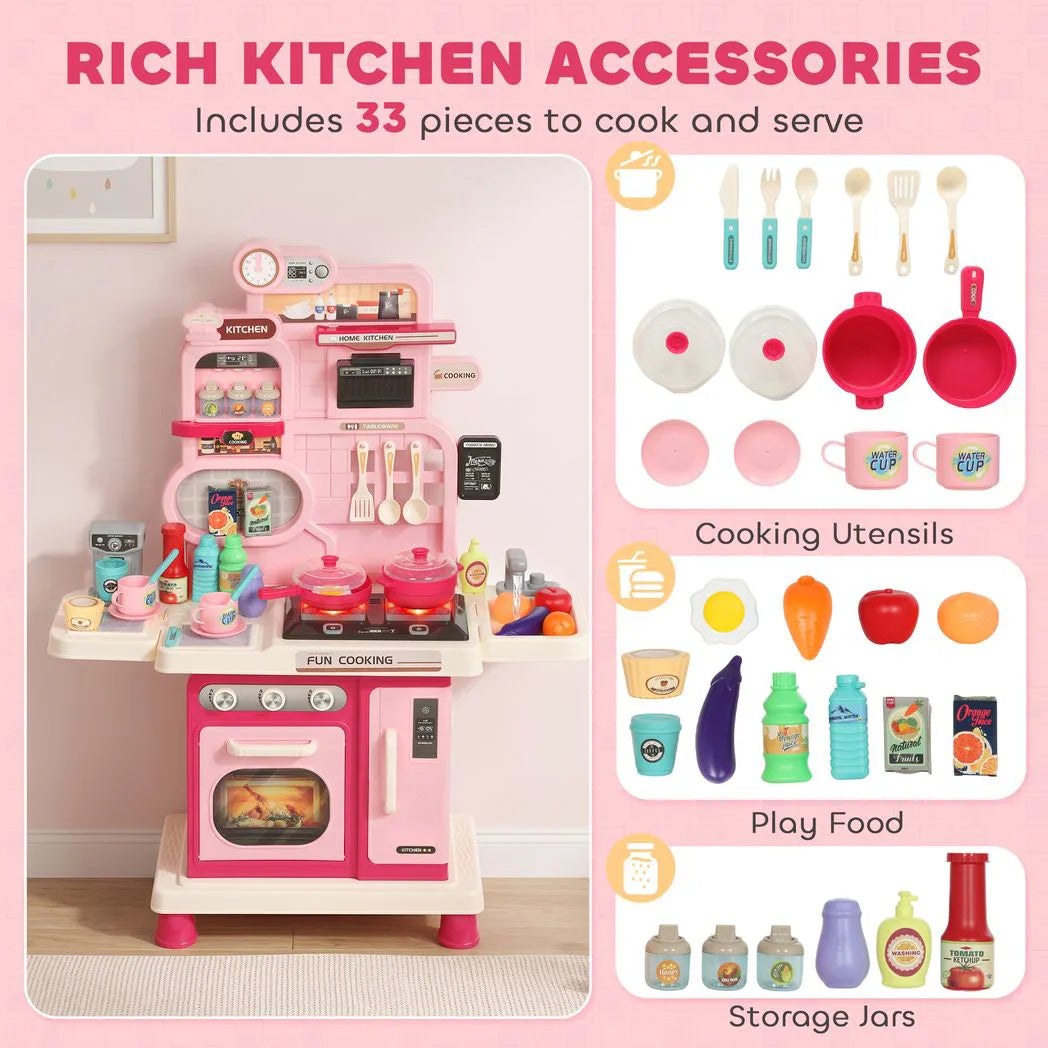 AIYAPLAY 33-Piece Play Kitchen with Lights, Sounds, Storage and Circulating Water Sink – Ages 3-6, Pink