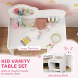 AIYAPLAY Kids Dressing Table with Mirror and Stool – 2-in-1 Vanity Table with Shelves for Ages 3-8, White