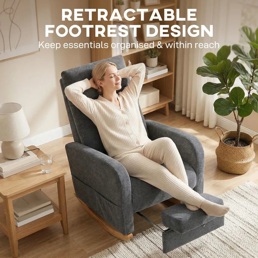 HOMCOM Upholstered Rocking Chair with Retractable Footrest and High Back – Living Room Rocker, Grey