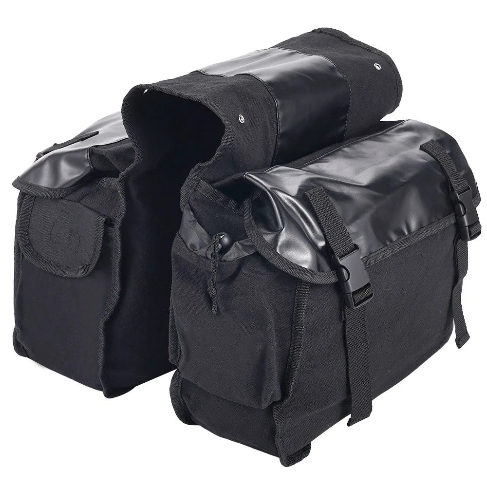 26L Motorcycle Saddle Bag with Two Side Pockets – Waterproof Canvas & PU Leather Panniers, Black