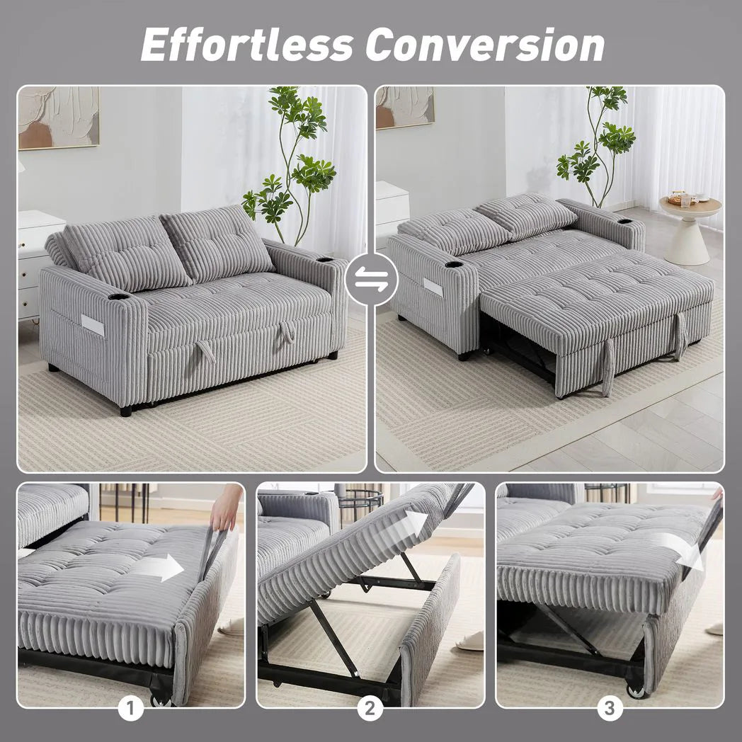 HOMCOM 2 Seater Click Clack Sofa Bed with Pull-Out Design and Cup Holders – Corduroy Upholstery, Light Grey