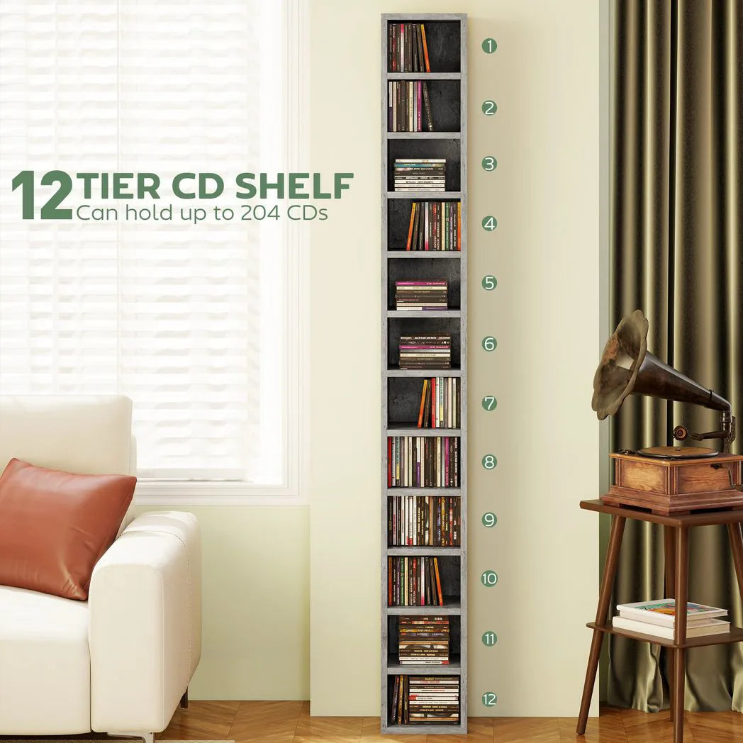 HOMCOM 204 CD Tall Narrow Media Storage Tower – 12-Tier Cube Display Shelf, Cement Grey