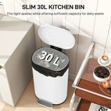 HOMCOM 30L Modern Curved Pedal Kitchen Bin with Soft-Close Lid and Removable Bucket, White