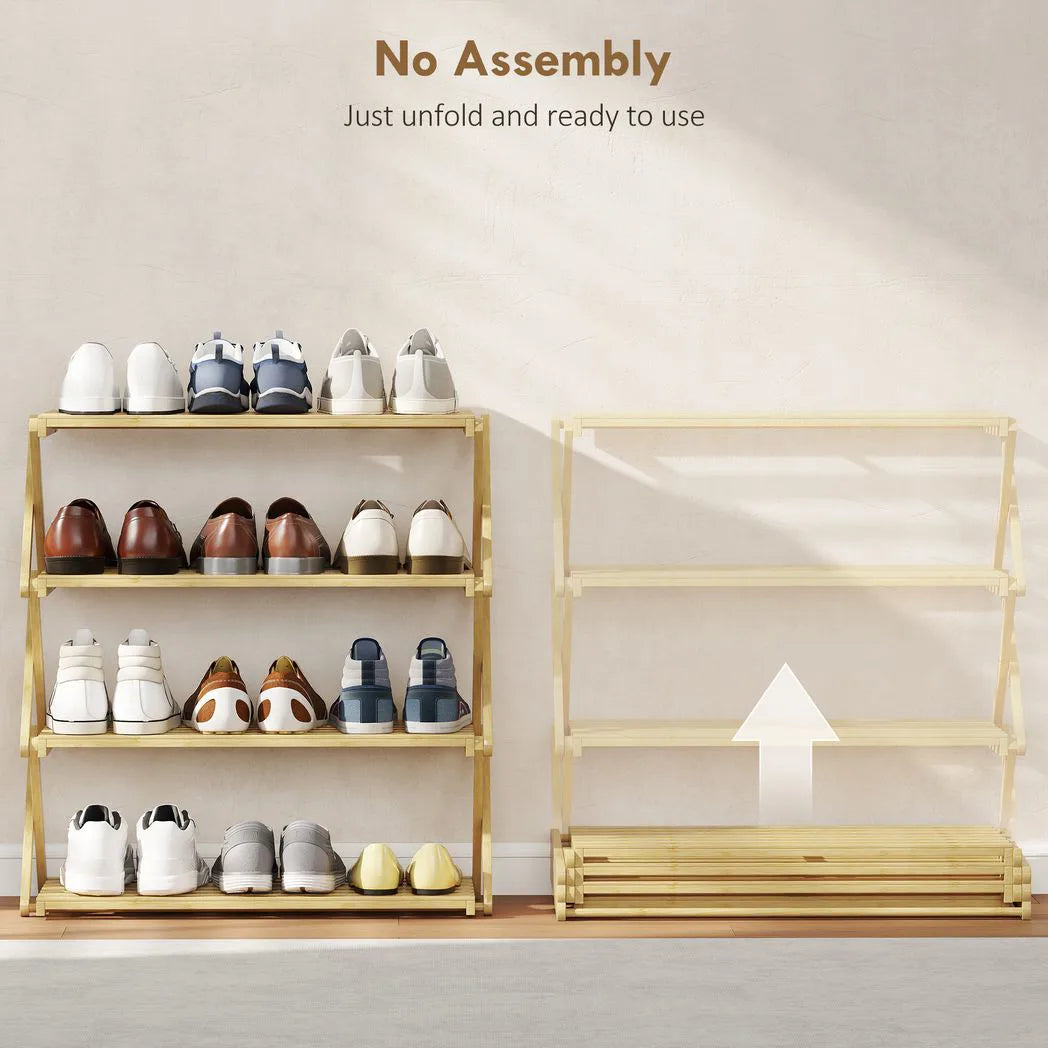 HOMCOM 4-Tier Folding Bamboo Shoe Rack, 12 Pairs, 67 x 60 x 29 cm – Natural
