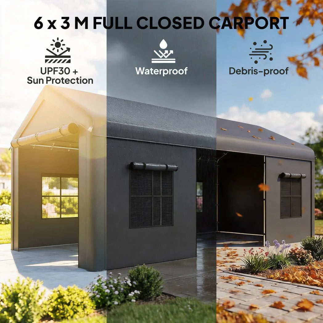 Outsunny Heavy Duty Carport 3 x 6 m – Portable Garage Canopy Tent with Galvanised Steel Frame, Doors & Windows, Dark Grey