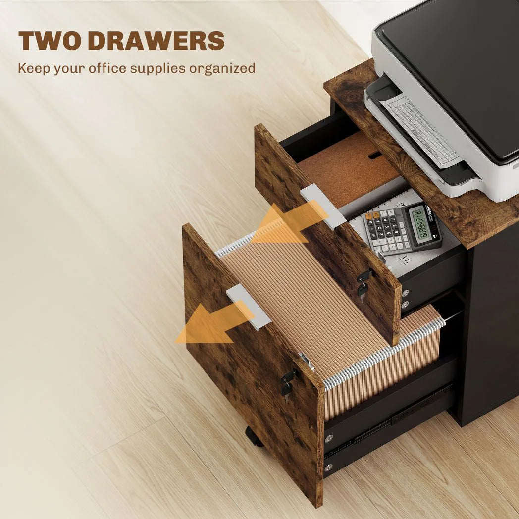 HOMCOM Two-Drawer Lockable Filing Cabinet on Wheels – Under Desk Office Storage, Black and Brown