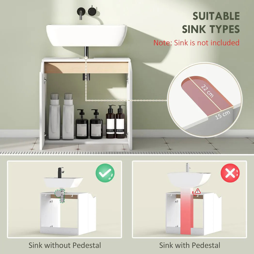HOMCOM Under Sink Bathroom Cabinet with Soft-Close Doors – U-Shaped Cut-Out for Wall-Mounted Basins, White
