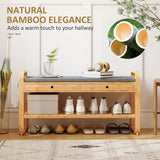 HOMCOM Bamboo Shoe Bench with 2 Drawers and Cushioned Seat – 105 cm, Natural and Grey
