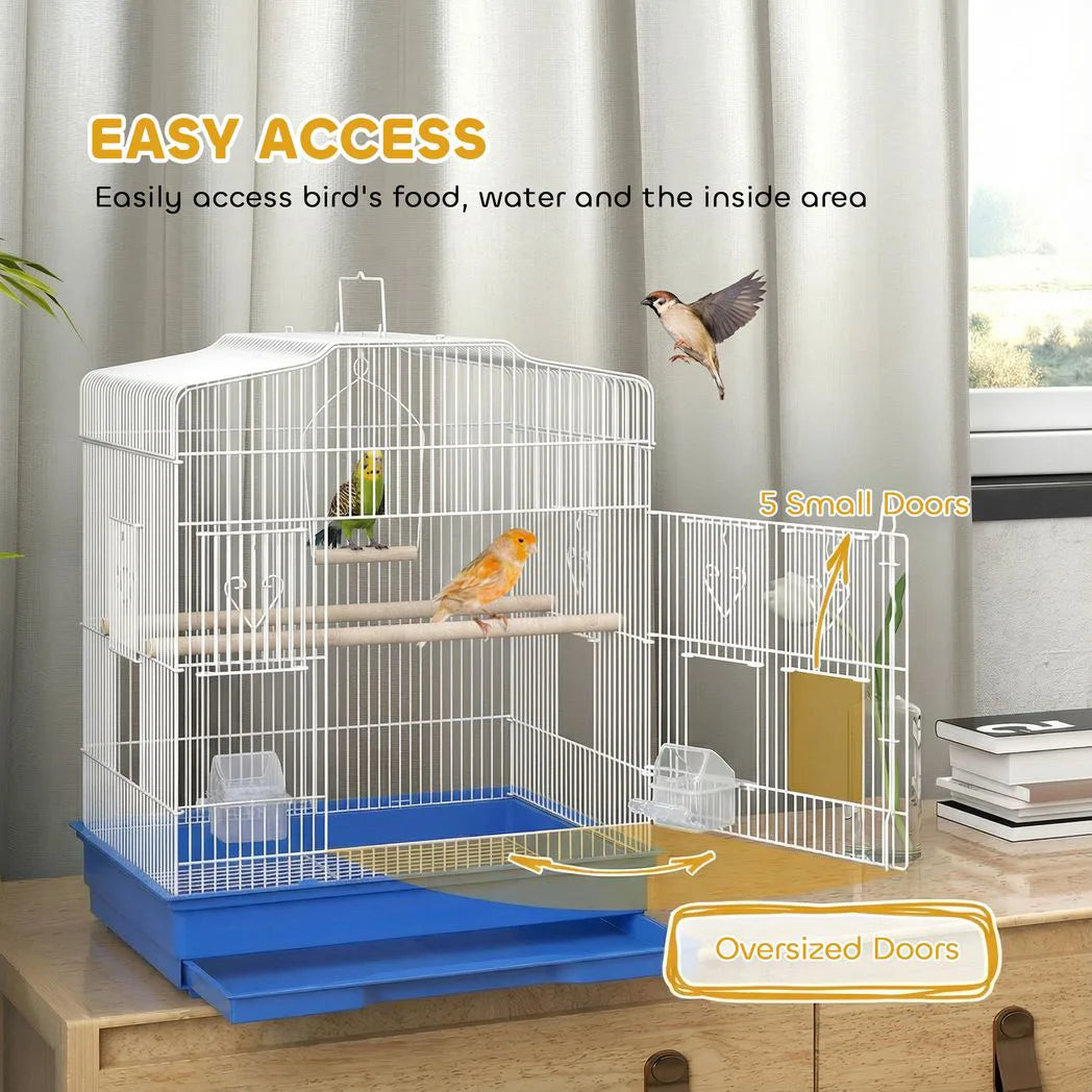 PawHut Large Metal Bird Cage with Perches, Feeders and Swing – For Budgies, Parakeets and Finches, Blue