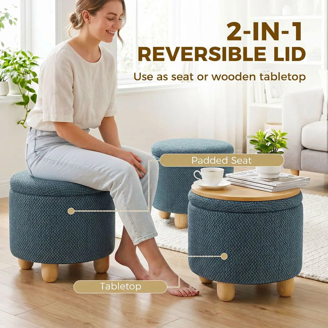HOMCOM Round Storage Ottoman Bench with Reversible Lid and Rubberwood Legs, 19L – Footstool, Dark Blue