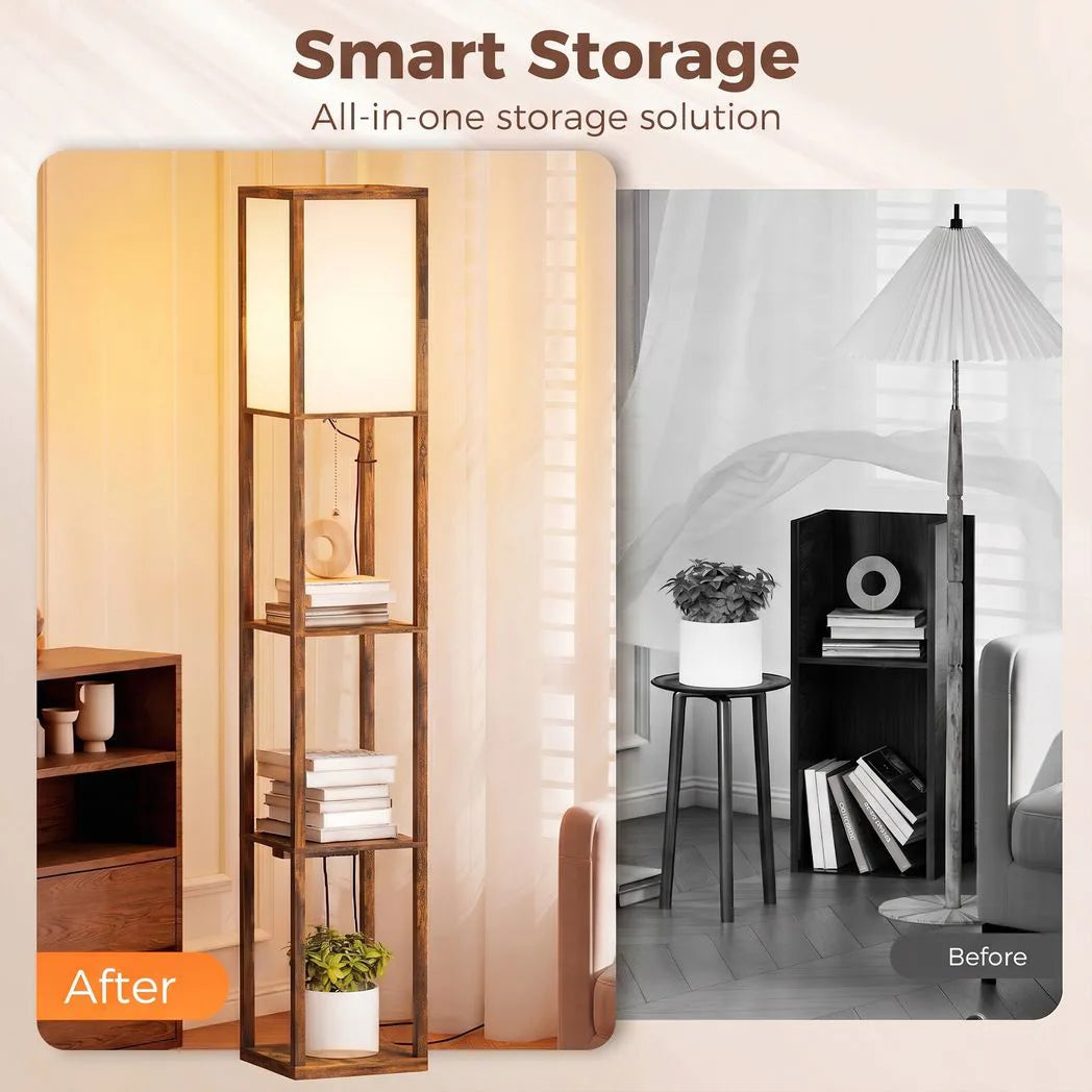 HOMCOM 4-Tier Shelf Floor Lamp with USB Ports – Rustic Brown