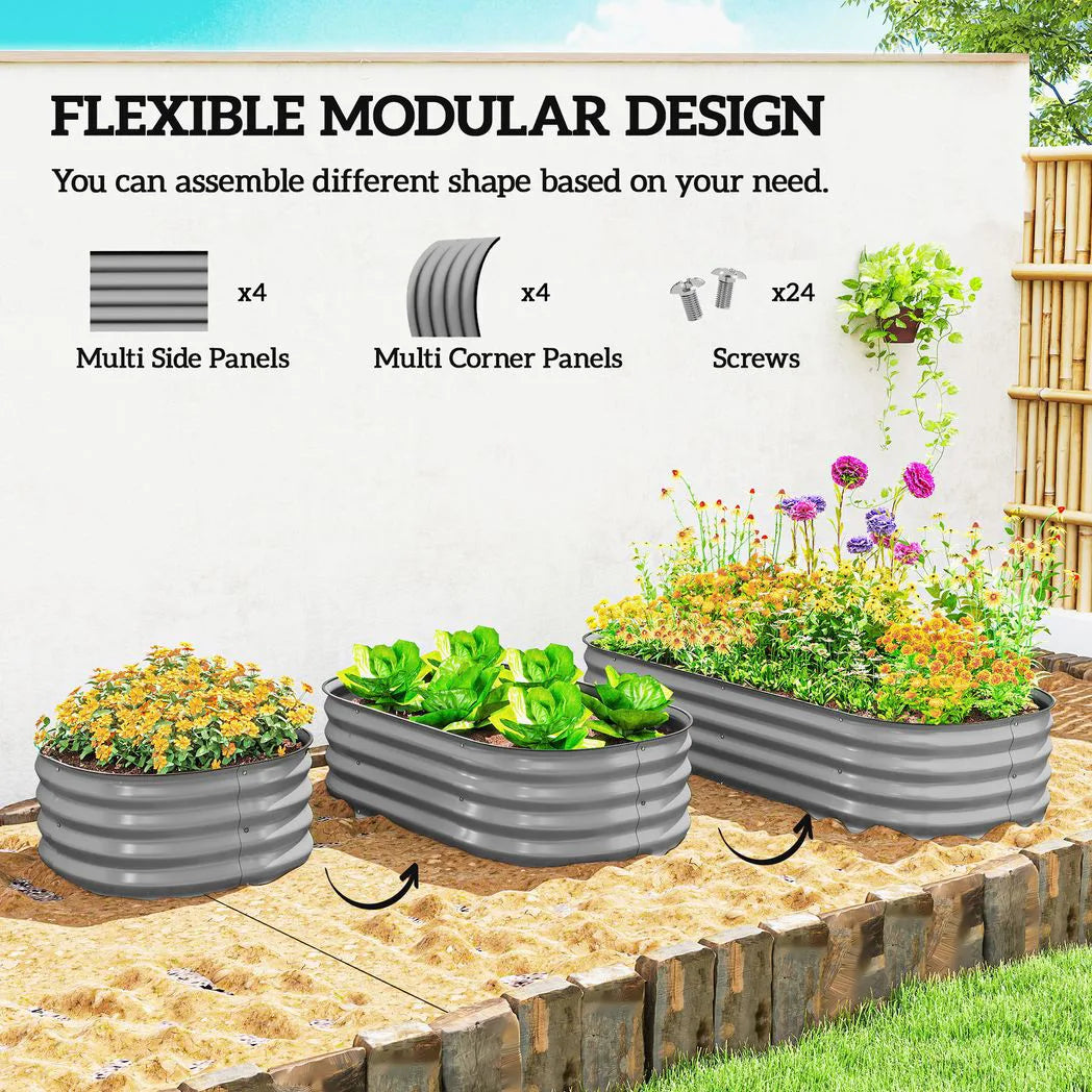 Outsunny Galvanised Steel Raised Garden Bed with Safety Edging, 150 x 62cm – Flowers and Herbs, Silver
