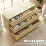 HOMCOM 6-Drawer Tall Chest of Drawers with Rattan Elements – Boho Bedroom and Living Room Storage Unit, Oak