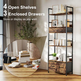 HOMCOM Industrial Bookcase with 4 Open Shelves & 3 Fabric Drawers – Slim 176cm Storage Shelf, Brown/Black