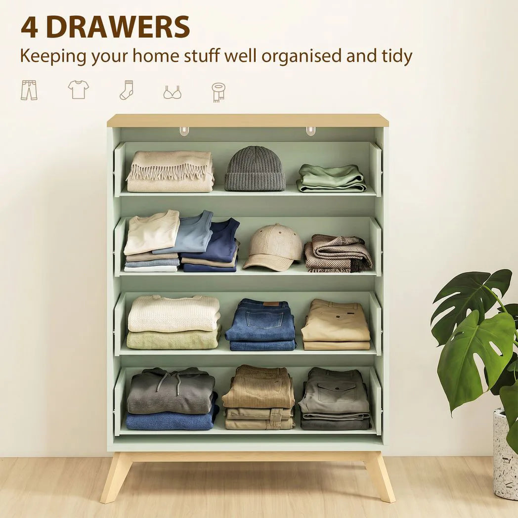 HOMCOM 4 Drawer Chest of Drawers with Black Handles – Bedroom and Living Room Storage, Light Green and Oak