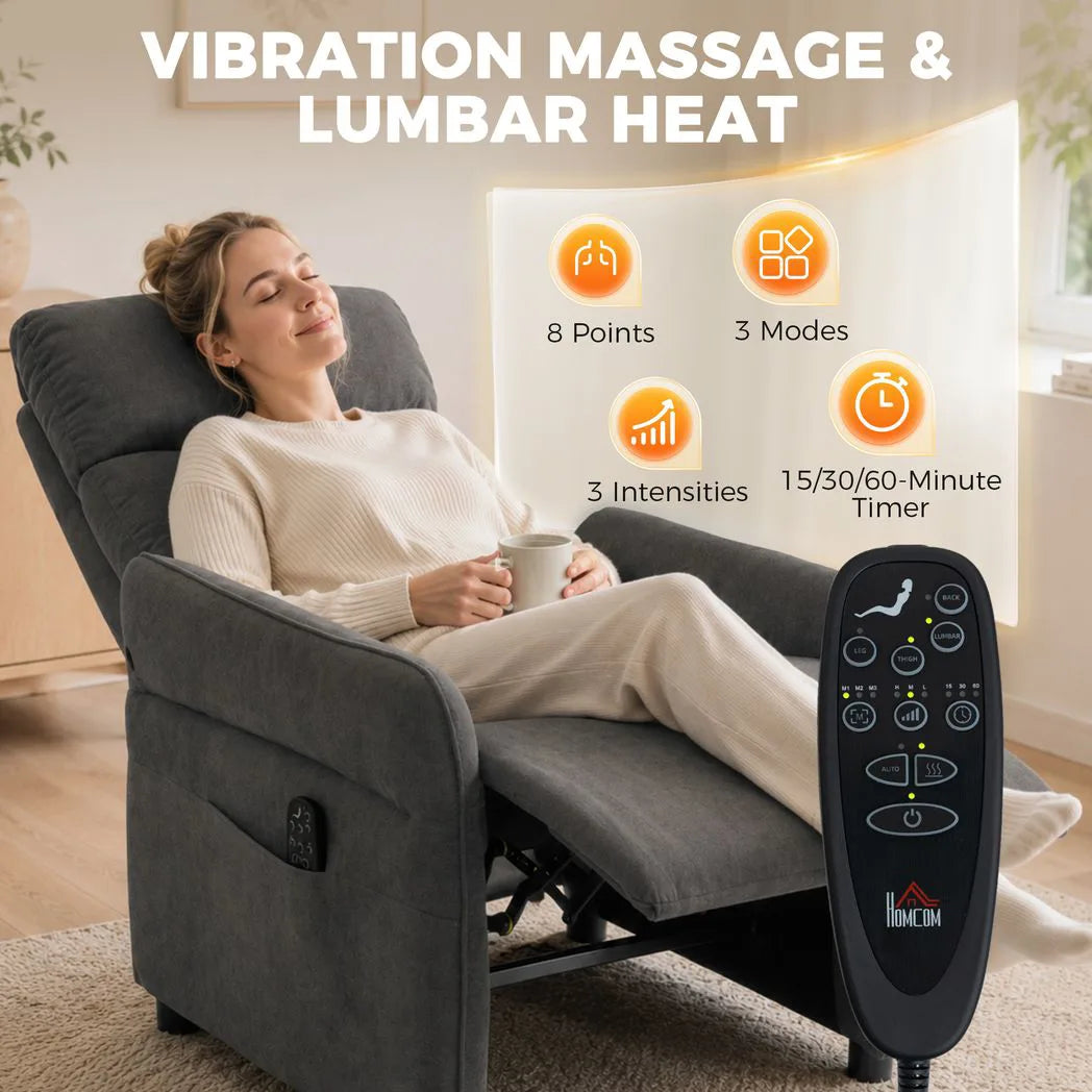 HOMCOM Push Back Recliner Armchair with Massage, Heat and Side Pockets – Lounge Chair, Dark Grey