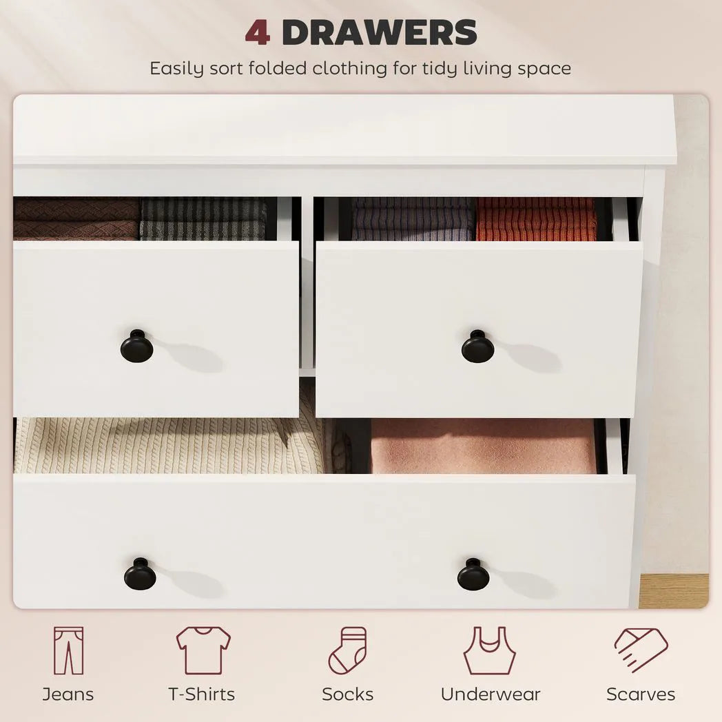 HOMCOM Modern 4-Drawer Chest of Drawers with Anti-Tip Straps – Clothes Storage Dresser for Bedroom, Hallway, White