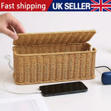 Wicker-Style Cable Management Box with Hinged Lid – Rattan-Effect Plug Socket and Power Strip Cover Organiser