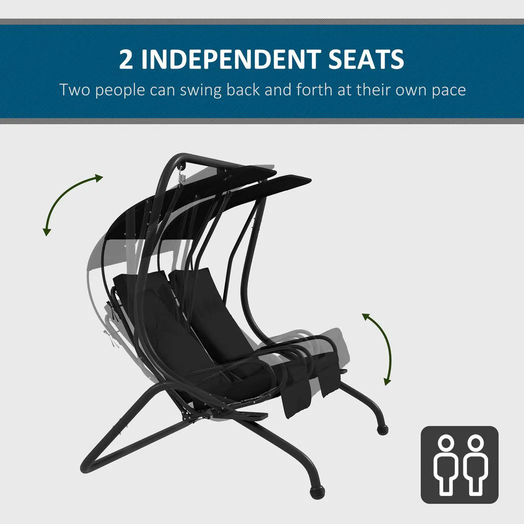 Outsunny Two-Seat Garden Swing Chair with Removable Protective Canopy and Cup Holders – Powder-Coated Steel Frame, Black