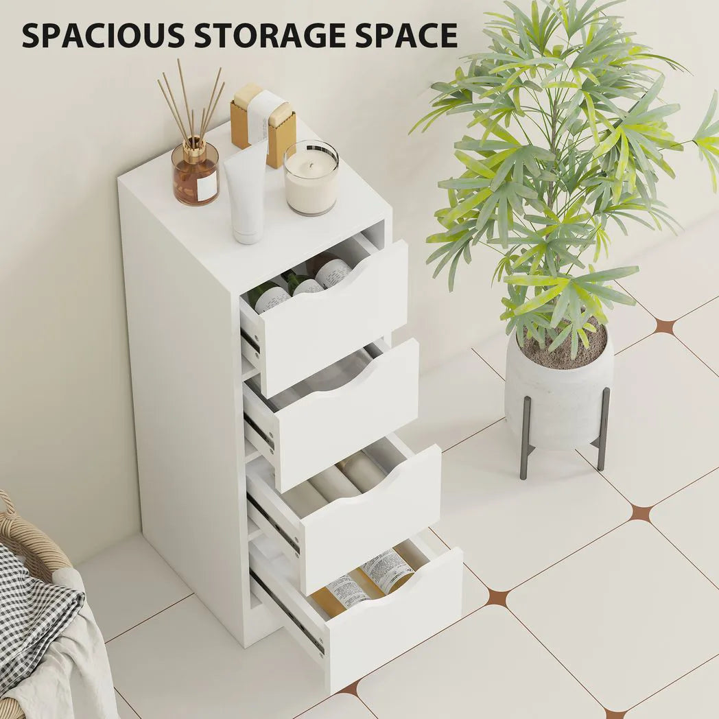 HOMCOM 4-Drawer Narrow Bathroom Cabinet, Freestanding Storage Unit with Groove Handles for Small Spaces, White