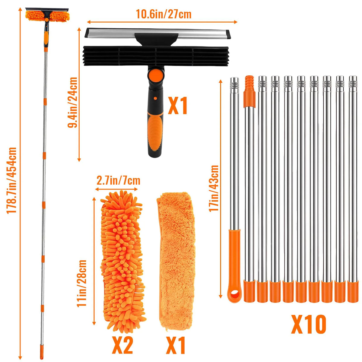 4.5m Telescopic Window Cleaning Kit with Squeegee, Chenille Duster and 10 Rods – High Reach Window Washer