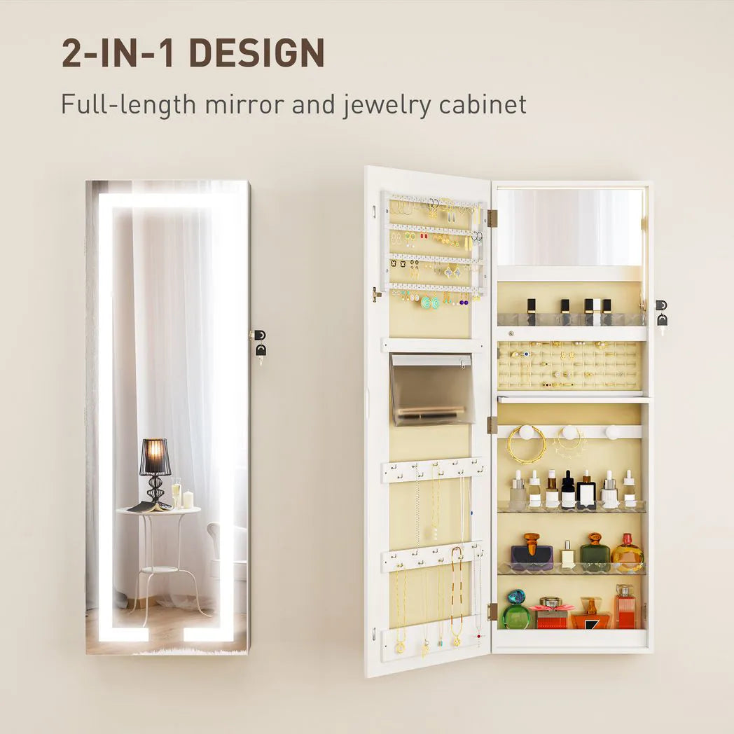 HOMCOM Wall Mounted LED Mirror Jewellery Cabinet, Full Length and Lockable – Over-Door Organiser, White