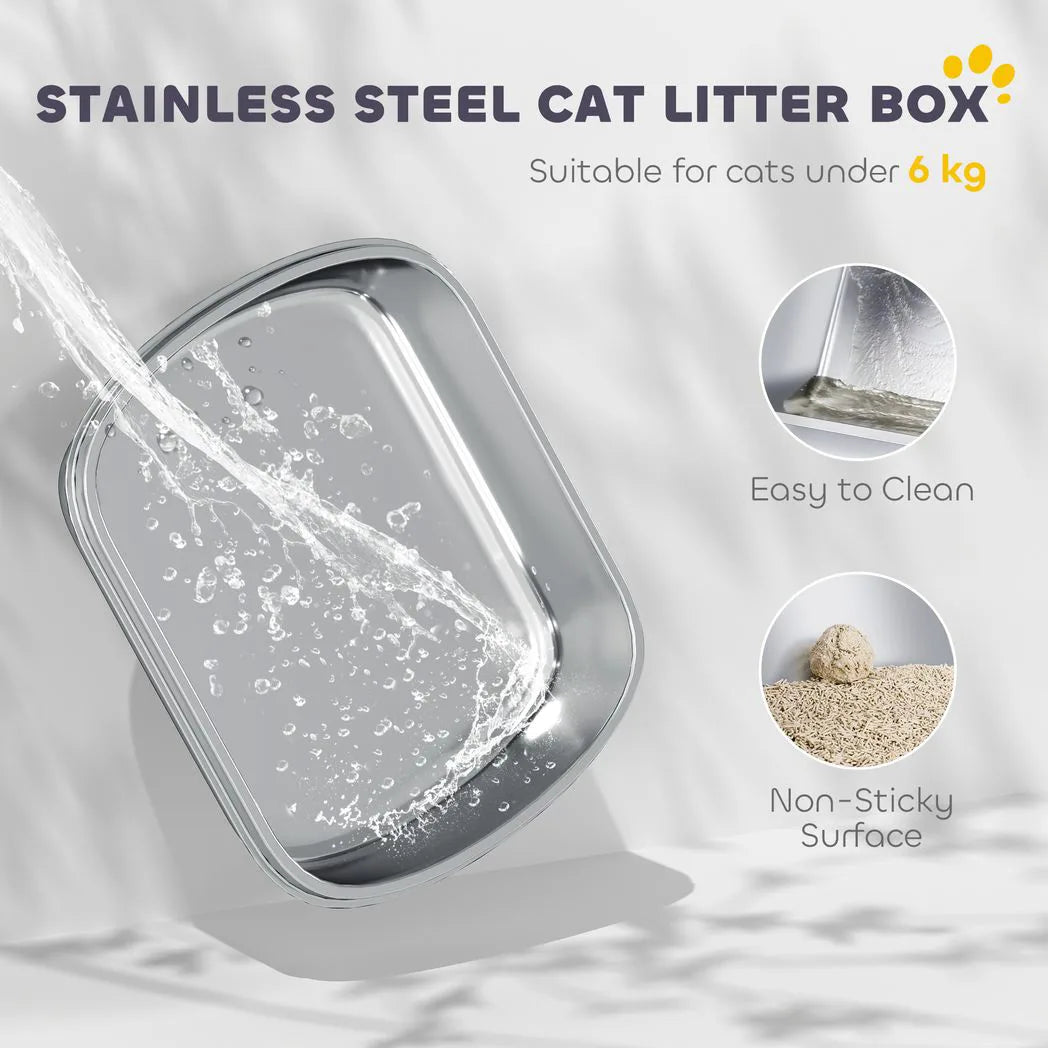 PawHut Large Stainless Steel Cat Litter Box with Lid, Scoop and Deodoriser Bag – Front Entry, Top Exit