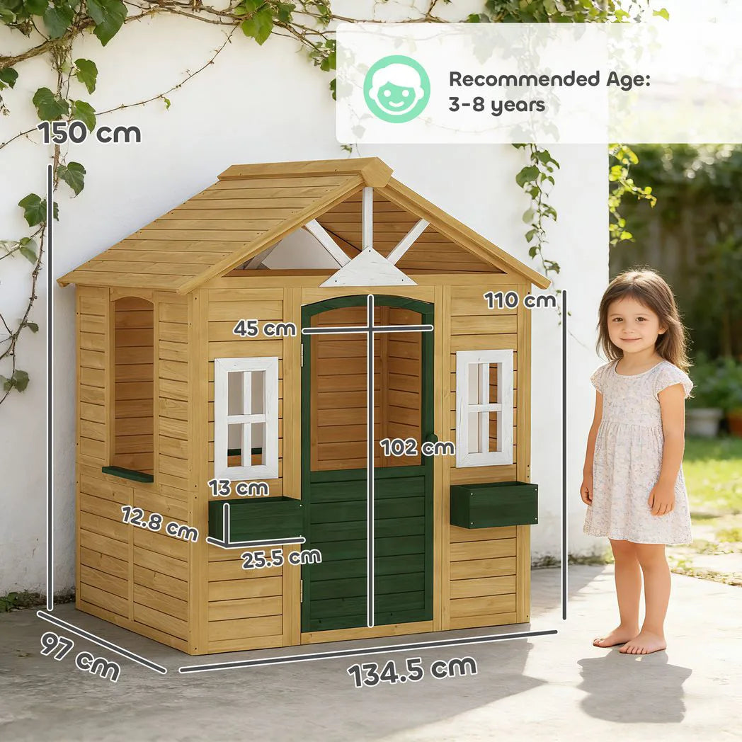 AIYAPLAY Kids Wooden Playhouse with Door, 3 Windows and 2 Flower Boxes – Garden Wendy House