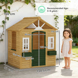 AIYAPLAY Kids Wooden Playhouse with Door, 3 Windows and 2 Flower Boxes – Garden Wendy House