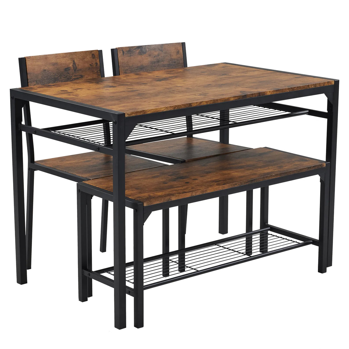 Rustic Brown 4 Piece Dining Table Set with 2 Chairs and Bench – Space-Saving Kitchen Table, Storage Shelves