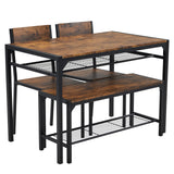 Rustic Brown 4 Piece Dining Table Set with 2 Chairs and Bench – Space-Saving Kitchen Table, Storage Shelves