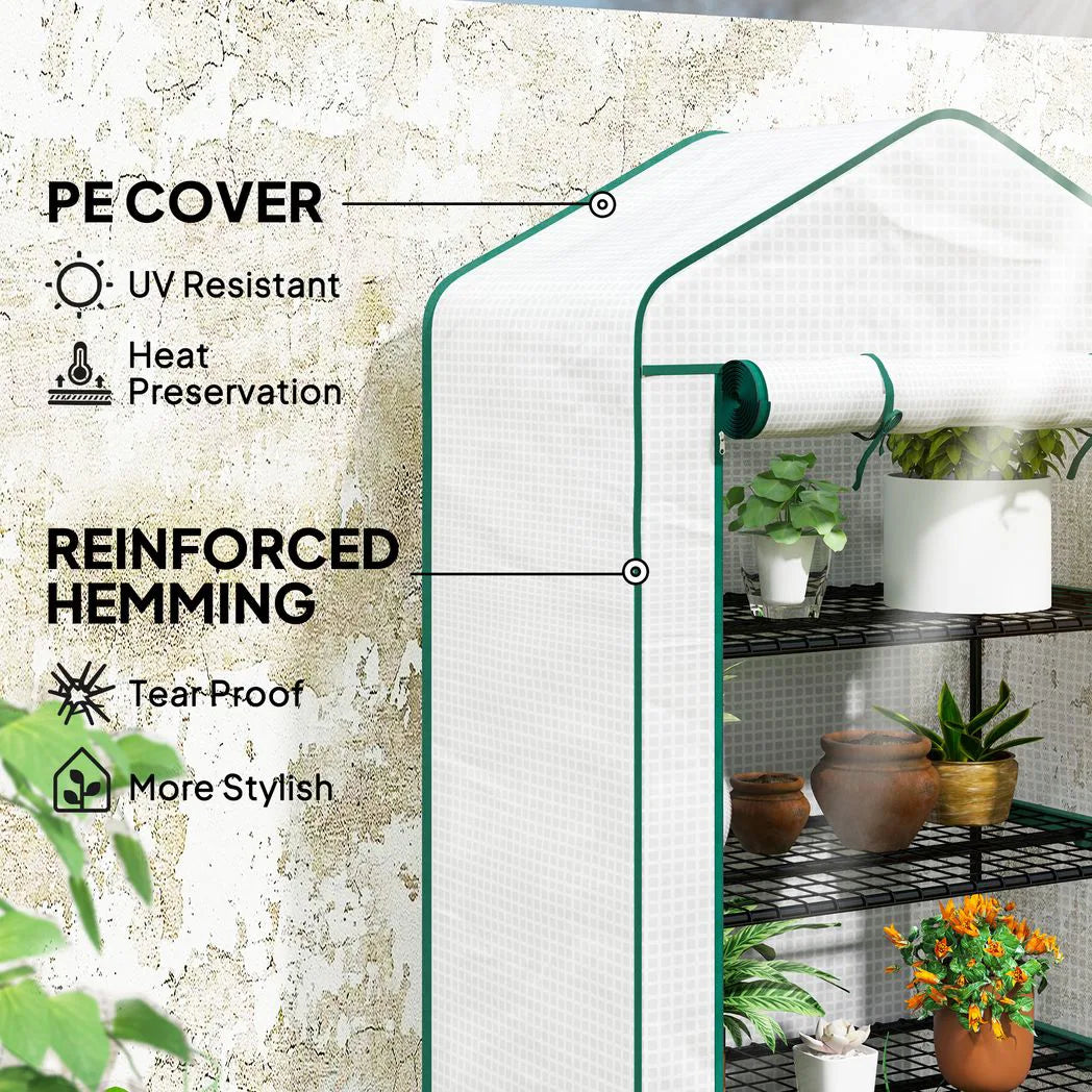 Outsunny Four-Tier Mini Greenhouse with Reinforced Plastic Cover and Roll-Up Door – Steel Frame Plant Shelter