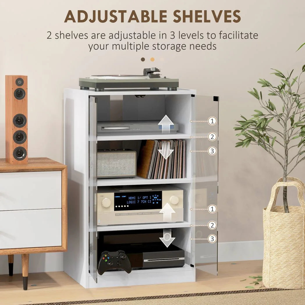 HOMCOM 4-Tier Hi-Fi Stand with Push-to-Open Glass Doors and Adjustable Shelves – Record Player Cabinet, White