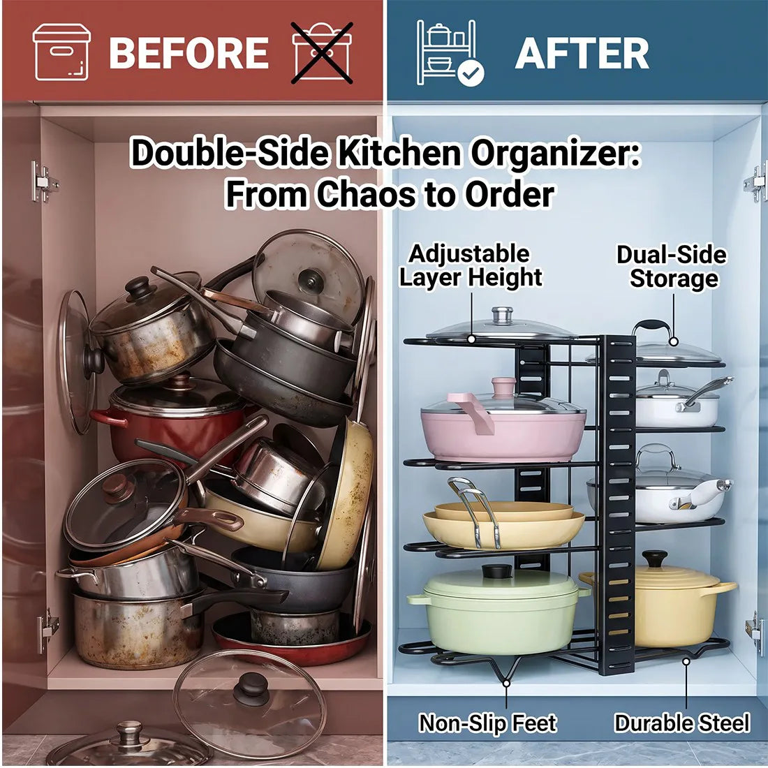 Adjustable 8-Tier Cookware Organiser Rack – Carbon Steel Pan & Pot Storage Holder, Non-Slip Feet, Black