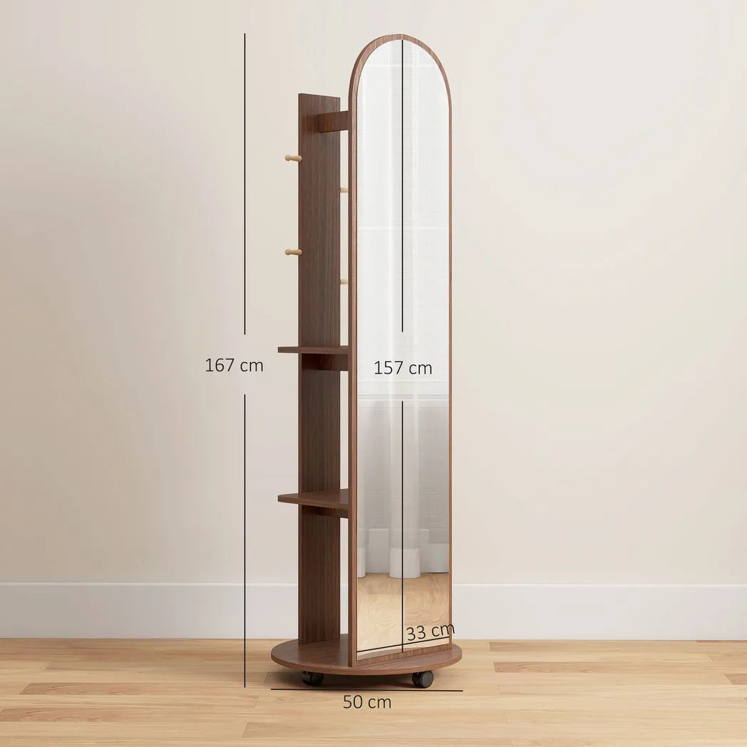 HOMCOM 2-in-1 Full Length Mirror with Storage Shelves, Floor Mirror with 4 Wheels, Coat Rack, Hooks