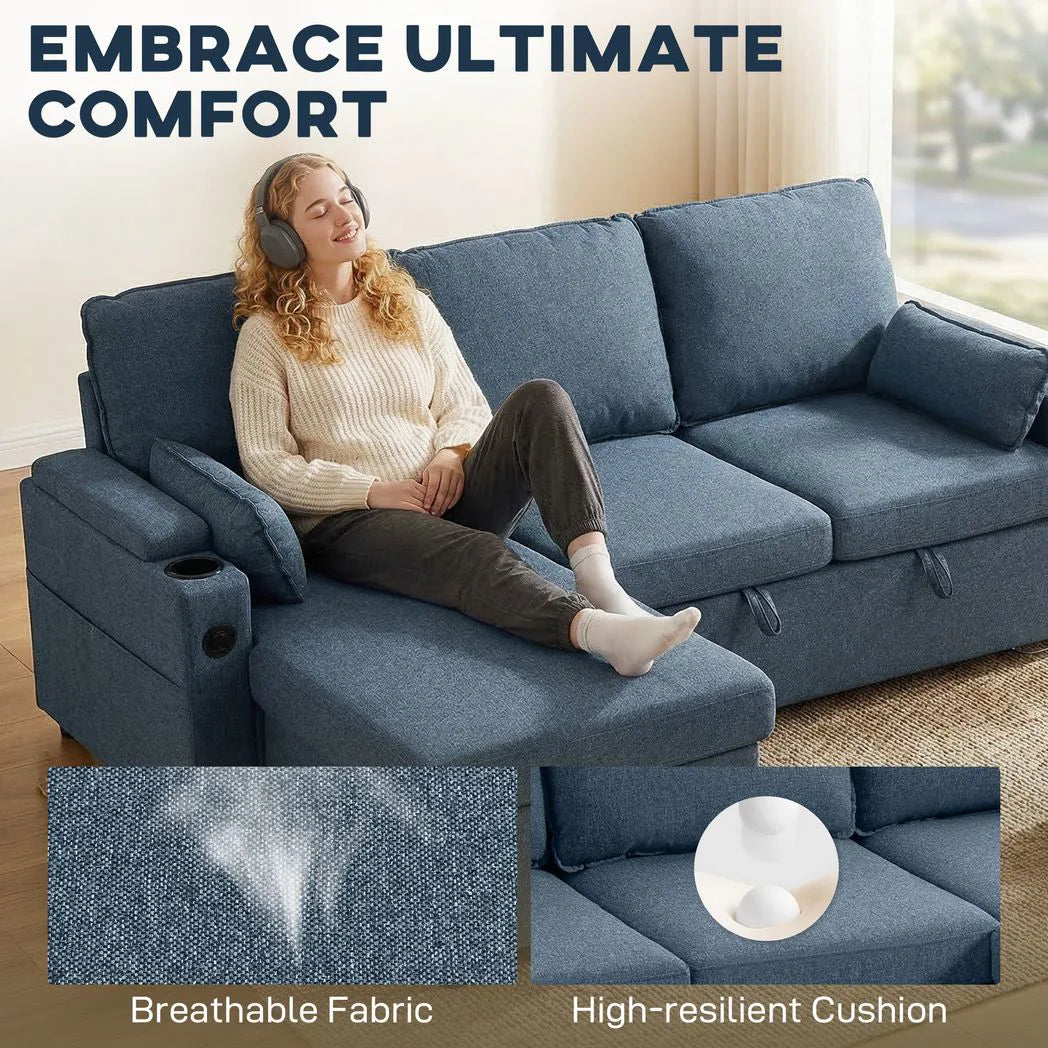 HOMCOM Corner Sofa Bed with Reversible Storage Chaise and USB Charging – L Shaped Sleeper, Blue